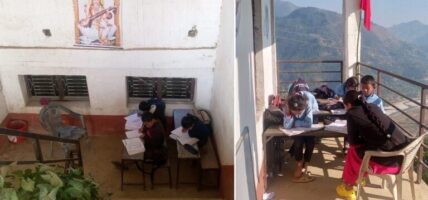 भवन नहुँदाको बाध्यता : कक्षाकोठाको अभावमा बार्दली र सिँढीमा पठनपाठन